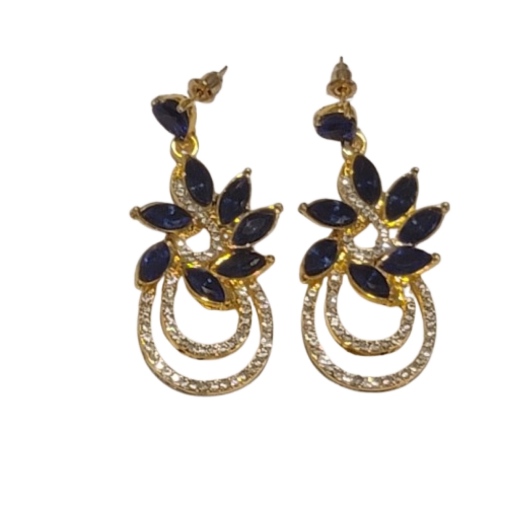 Blue Rhinestone Floral Drop Earrings Gold Tone Statement Dangle Earrings